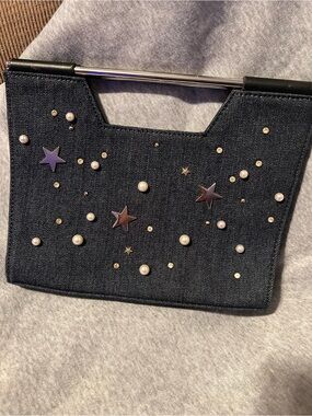 Pearl & Star Embellished Dark Denim Clutch